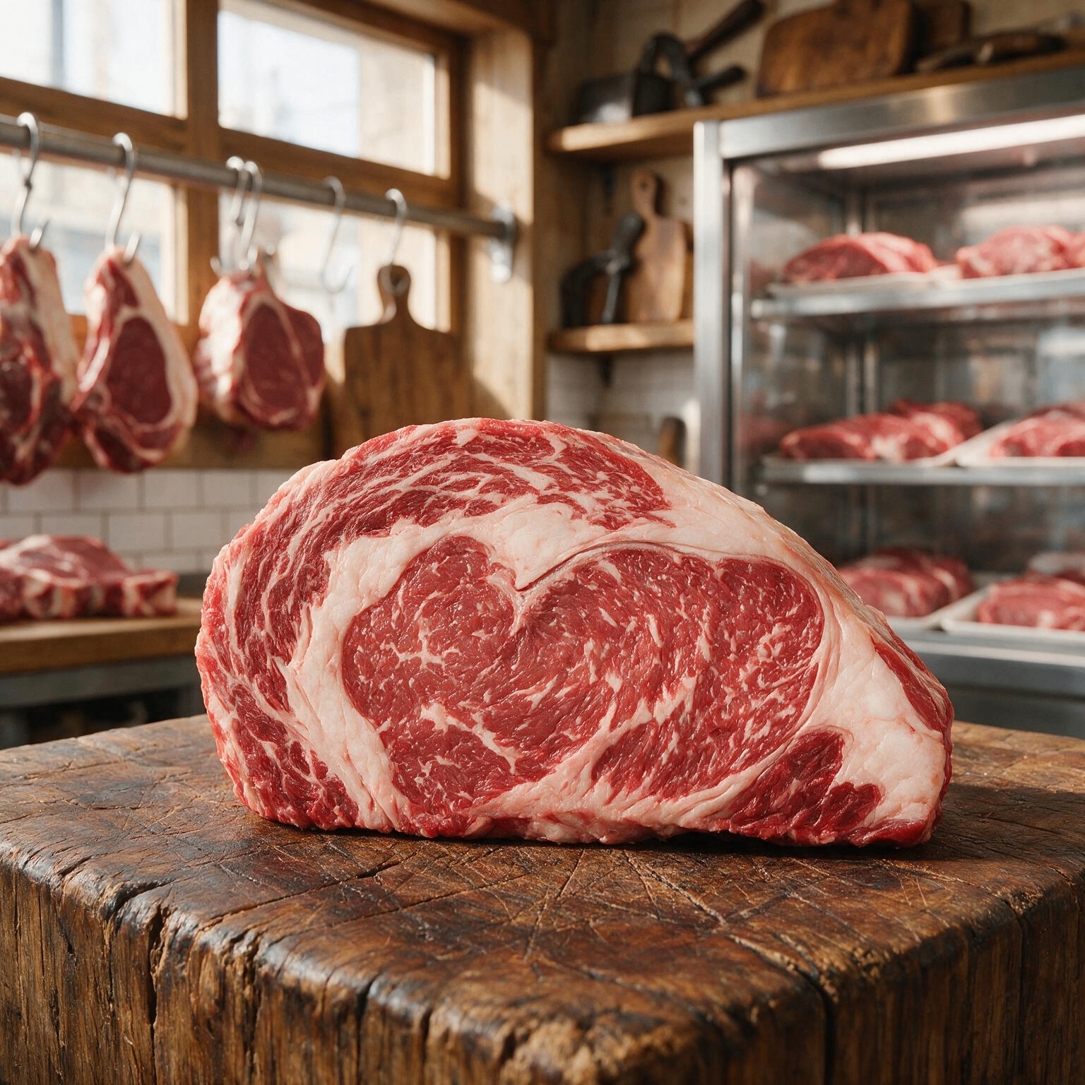 Premium halal ribeye steak with rich marbling