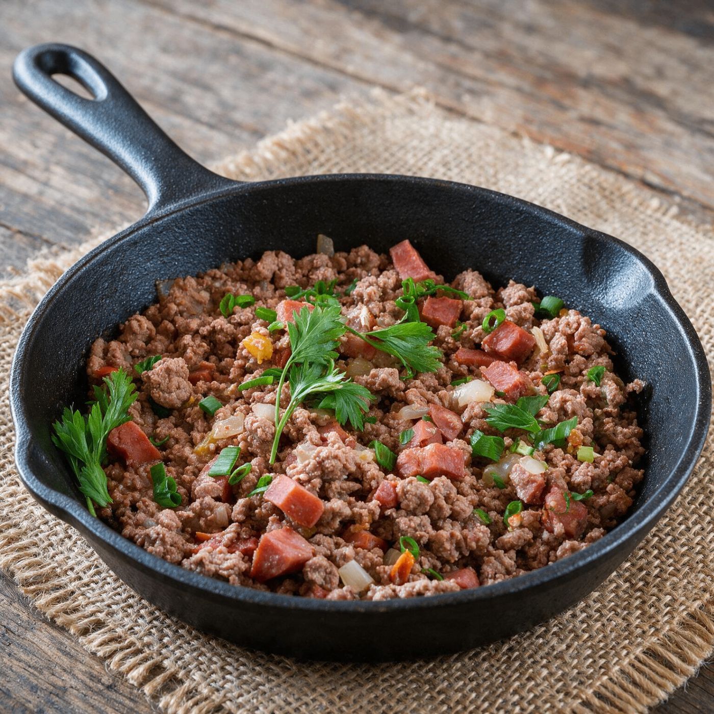 Browned Black Angus lean beef mince cooking in a skillet