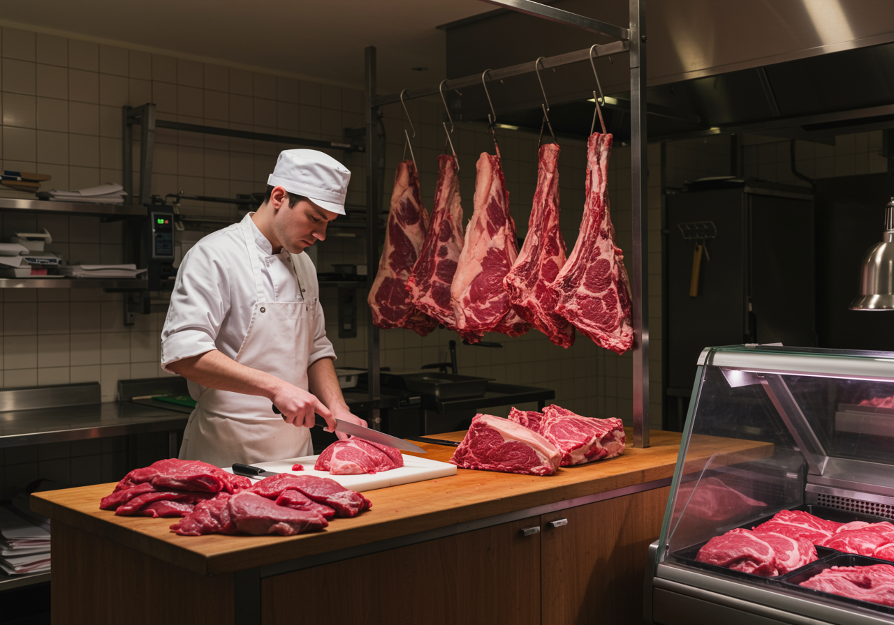 Adams Farm Foods butcher team preparing halal meat