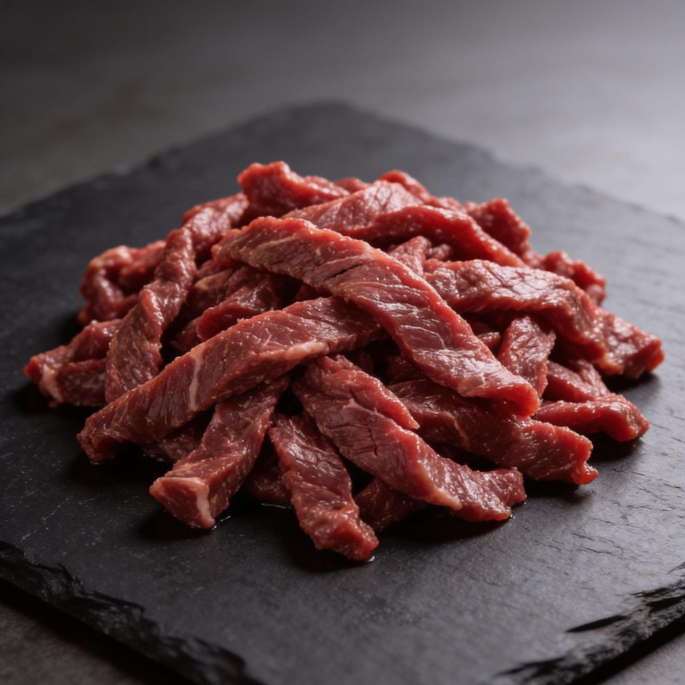 Black Angus stir fry beef strips halal UK supplier on dark slate