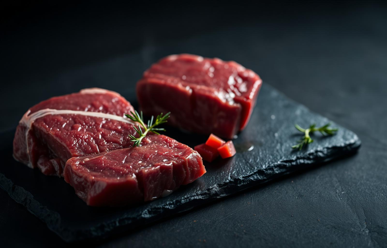 Premium halal beef cuts on dark slate