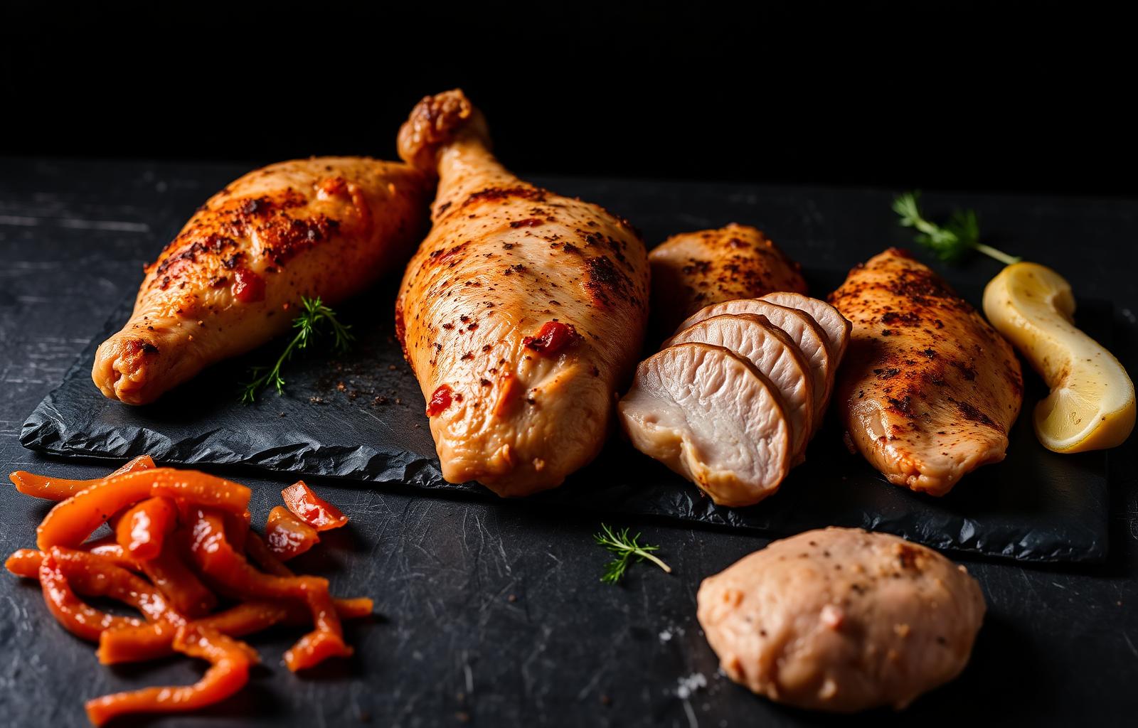 Premium halal chicken cuts on dark slate