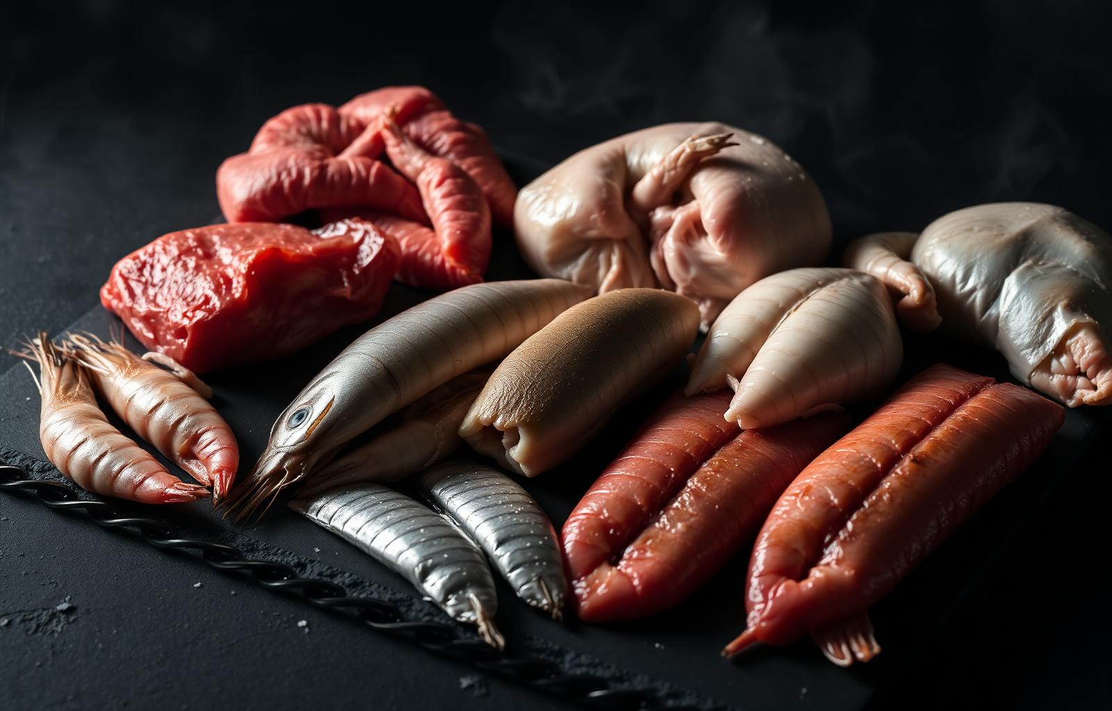 Assorted halal frozen meat and seafood on dark slate