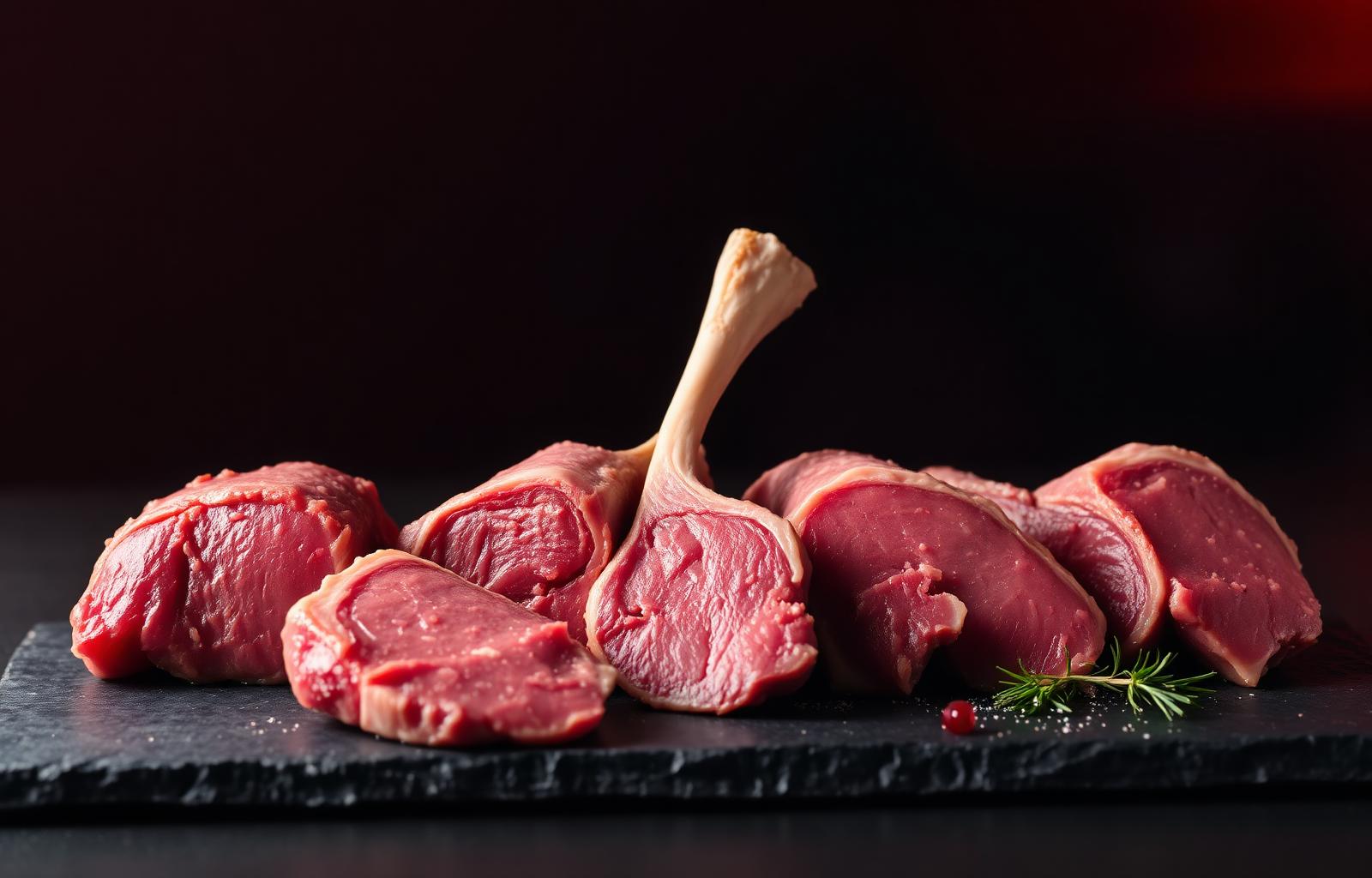 Premium halal lamb cuts on dark slate